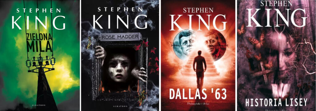 Okładki książek Stephena Kinga: "Zielona mila", "Rose Madder", "Dallas 63", "Historia Lisey"